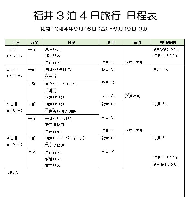 福井３泊4日旅行日程表